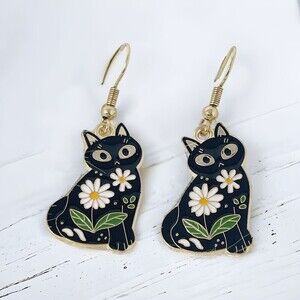 Cat Lover Earrings Kitten Jewelry Flower Enamel Hippie‎ Art to Wear Dangle New